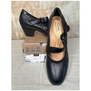Clarks Women's Emily 2 Mabel Mary Jane Pump Black Leather Size 9.5 M Block Heel